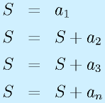 S&=&a_1\nonumber\\S&=&S+a_2\nonumber\\S&=&S+a_3\nonumber\\S&=&S+a_n