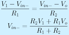 \frac{V_1-V_{in-}}{R_1}=\frac{V_{in-}-V_o}{R_2}\nonumber\\V_{in-}=\frac{R_2V_1+R_1V_o}{R_1+R_2}