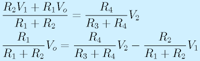 &&\frac{R_2V_1+R_1V_o}{R_1+R_2}=\frac{R_4}{R_3+R_4}V_2\nonumber\\&&\frac{R_1}{R_1+R_2}V_o=\frac{R_4}{R_3+R_4}V_2-\frac{R_2}{R_1+R_2}V_1