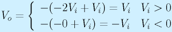 V_o=\left\{\begin{array}{ll}-(-2V_i+V_i)=V_i&V_i>0\\-(-0+V_i)=-V_i&V_i<0\end{array}\right.