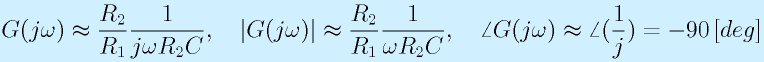 G(j\omega)\approx\frac{R_2}{R_1}\frac{1}{j\omega R_2C},~~~|G(j\omega)|\approx\frac{R_2}{R_1}\frac{1}{\omega R_2C},~~~\angle G(j\omega)\approx\angle(\frac{1}{j})=-90\,[deg]