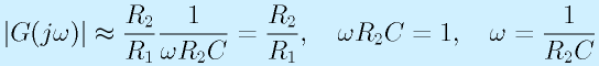 |G(j\omega)|\approx\frac{R_2}{R_1}\frac{1}{\omega R_2C}=\frac{R_2}{R_1},~~~\omega R_2C=1,~~~\omega=\frac{1}{R_2C}