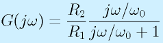 G(j\omega)=\frac{R_2}{R_1}\frac{j\omega/\omega_0}{j\omega/\omega_0+1}