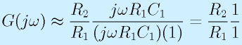 G(j\omega)\approx\frac{R_2}{R_1}\frac{j\omega R_1C_1}{(j\omega R_1C_1)(1)}=\frac{R_2}{R_1}\frac{1}{1}