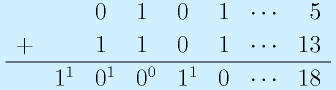 \begin{array}{clllllcr}&&0&1&0&1&\cdots&5\\+&&1&1&0&1&\cdots&13\\\hline &1^1&0^1&0^0&1^1&0&\cdots&18\end{array}