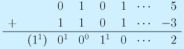 \begin{array}{clllllcr}&&0&1&0&1&\cdots&5\\+&&1&1&0&1&\cdots&-3\\\hline &(1^1)&0^1&0^0&1^1&0&\cdots&2\end{array}