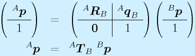 \left(\begin{array}{c} ^A\vect{p}\\\hline1\end{array}\right) &=& \left( \begin{array}{c|c} ^A\vect{R}_B & ^A\vect{q}_B \\\hline \vect{0} & 1 \end{array}\right) \left(\begin{array}{c} ^B\vect{p}\\\hline1\end{array}\right)\nonumber\\     ^A\vect{p} &=& ^A\vect{T}_B~^B\vect{p}