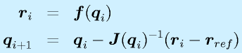 \vect{r}_i&=&\vect{f}(\vect{q}_i)\nonumber\\  \vect{q}_{i+1}&=&\vect{q}_i-\vect{J}(\vect{q}_i)^{-1}(\vect{r}_i-\vect{r}_{ref})