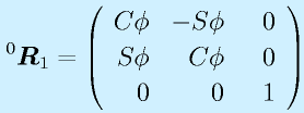 ^0\vect{R}_1=\left(\begin{array}{rrr}C\phi&-S\phi&0 \\ S\phi&C\phi&0 \\ 0&0&~~1\end{array}\right)