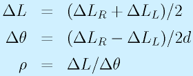 \Delta L&=&(\Delta L_R+\Delta L_L)/2\nonumber\\\Delta\theta&=&(\Delta L_R-\Delta L_L)/2d\nonumber\\\rho&=&\Delta L/\Delta\theta