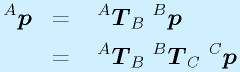 ^A\vect{p} &=&~ ^A\vect{T}_B~^B\vect{p}\nonumber\\  &=&~^A\vect{T}_B~^B\vect{T}_C~^C\vect{p}